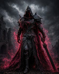 GRID THUMBNAIL — Armoured hooded figure wreathed in crimson energy holding a greatsword, standing before gothic ruins under stormy clouds, dark fantasy character.