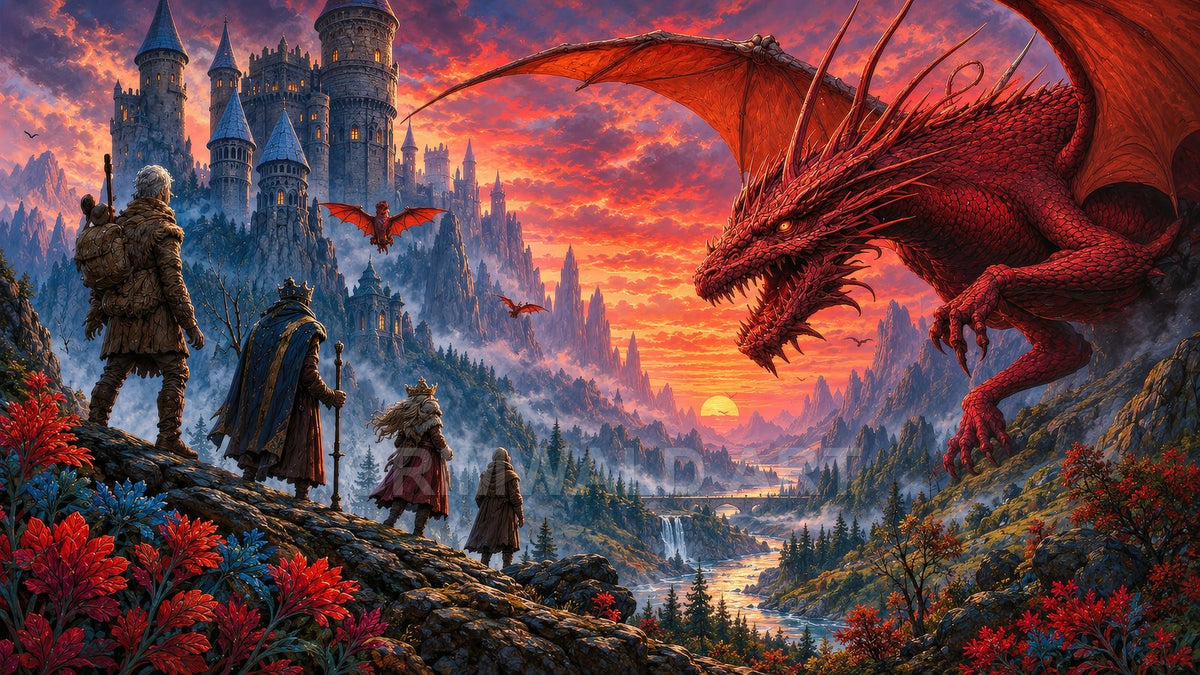 A vast red dragon confronts travellers before a mountain castle at sunset, above a winding river and waterfalls beneath fiery orange clouds.
