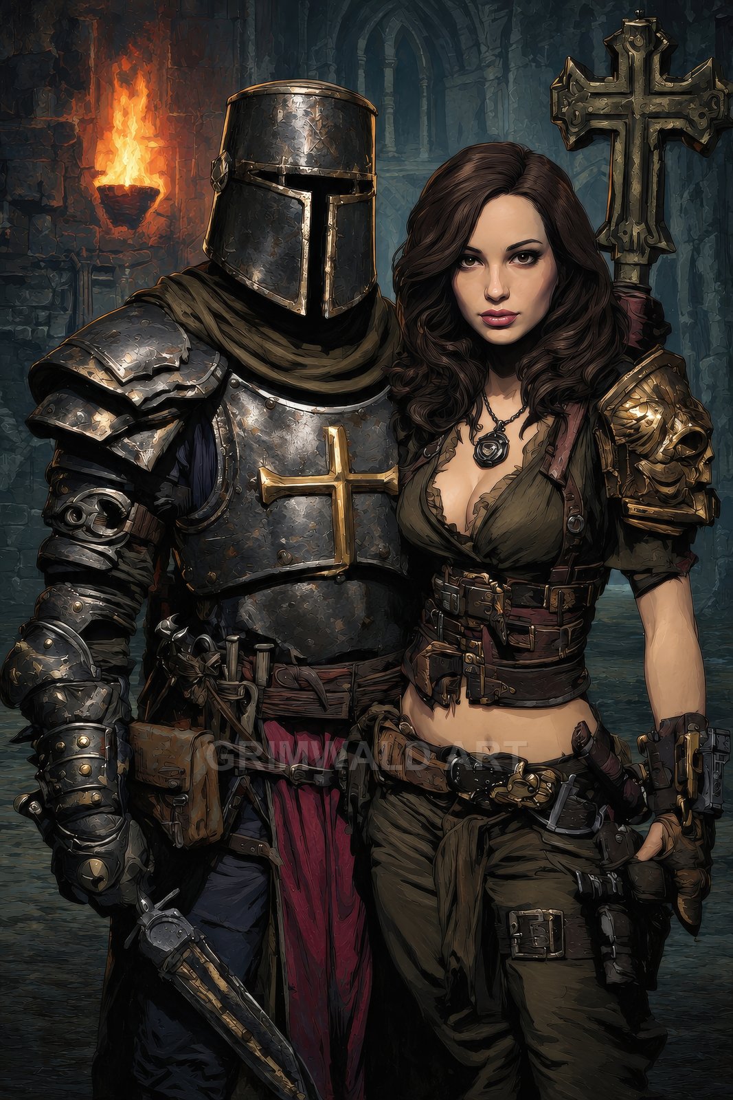 Armoured knight with gilded cross stands beside leather-clad female rogue in a torchlit cathedral, swords and daggers visible, gothic dark fantasy portrait.