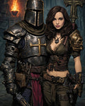 GRID THUMBNAIL — Armoured knight with gilded cross stands beside leather-clad female rogue in a torchlit cathedral, swords and daggers visible, gothic dark fantasy portrait.