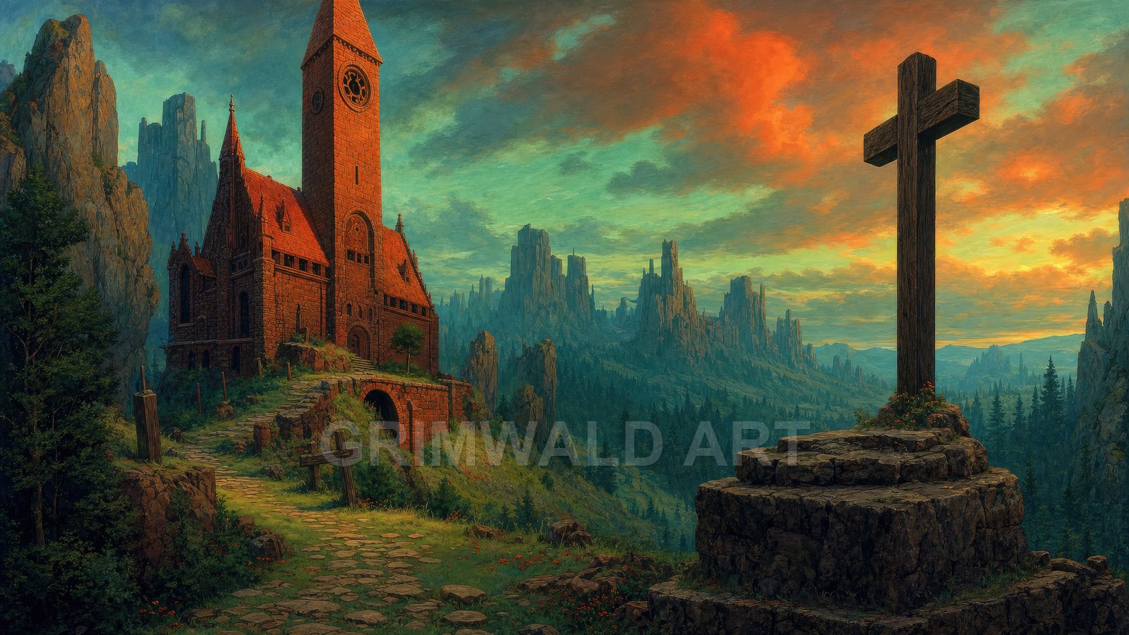 Gothic stone church with clock tower overlooking a pine-filled mountain valley, large wooden cross on a rocky pedestal, dramatic teal and orange sunset sky.