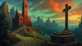 GRID THUMBNAIL — Gothic stone church with clock tower overlooking a pine-filled mountain valley, large wooden cross on a rocky pedestal, dramatic teal and orange sunset sky.