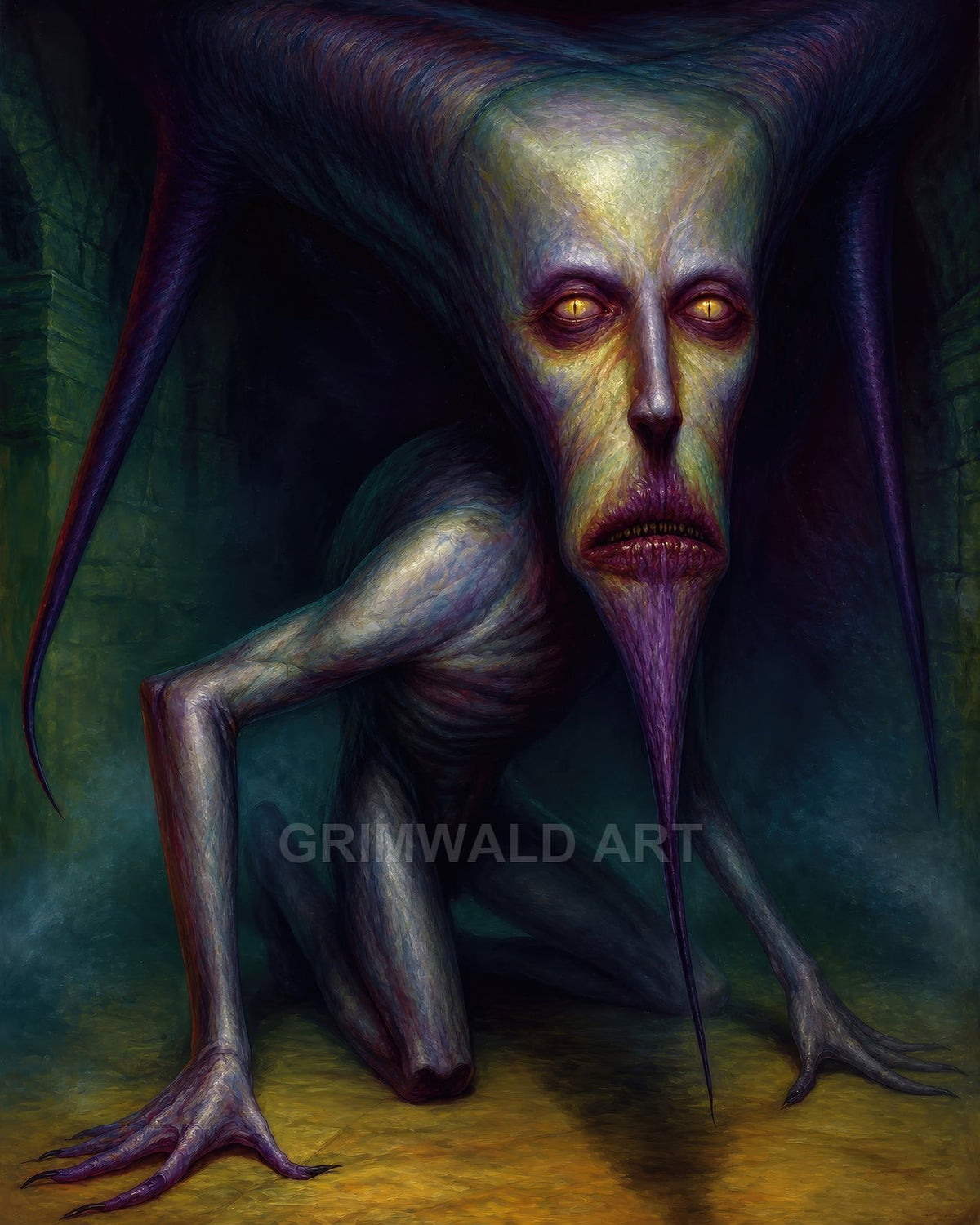 Grotesque horned demon with glowing yellow eyes crouches in a shadowy dungeon, long limbs and claws stretched across the stone floor.