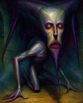 GRID THUMBNAIL — Grotesque horned demon with glowing yellow eyes crouches in a shadowy dungeon, long limbs and claws stretched across the stone floor.