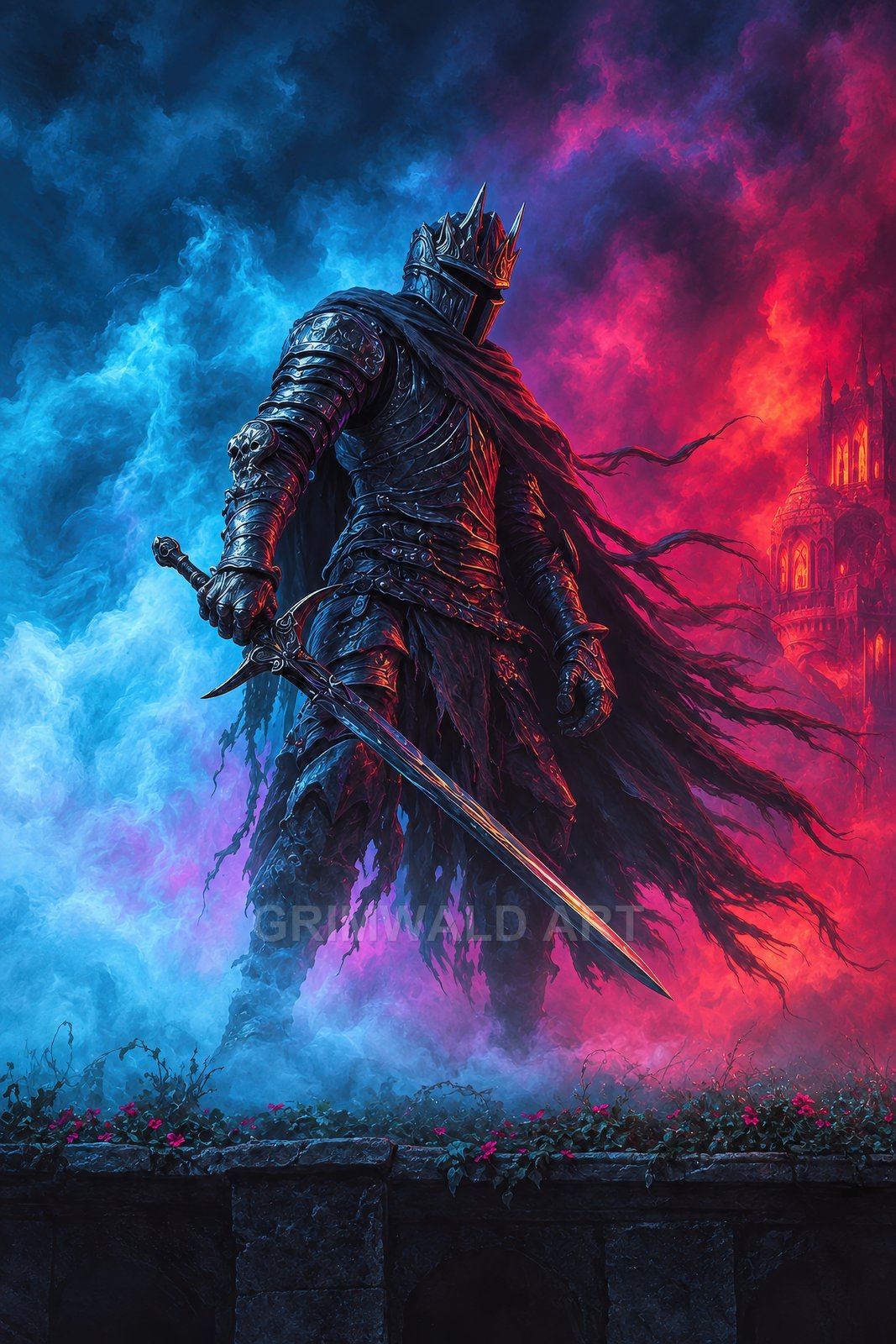 A towering crowned knight in black armour with a tattered cloak holds a sword amid blue and red mist, with a distant gothic castle.
