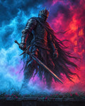 GRID THUMBNAIL — A towering crowned knight in black armour with a tattered cloak holds a sword amid blue and red mist, with a distant gothic castle.