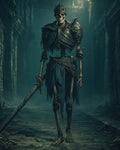 GRID THUMBNAIL — A crowned skeletal knight in corroded armour and tattered blue robes stands in crumbling stone ruins, gripping a sword beneath cold, moody moonlight.