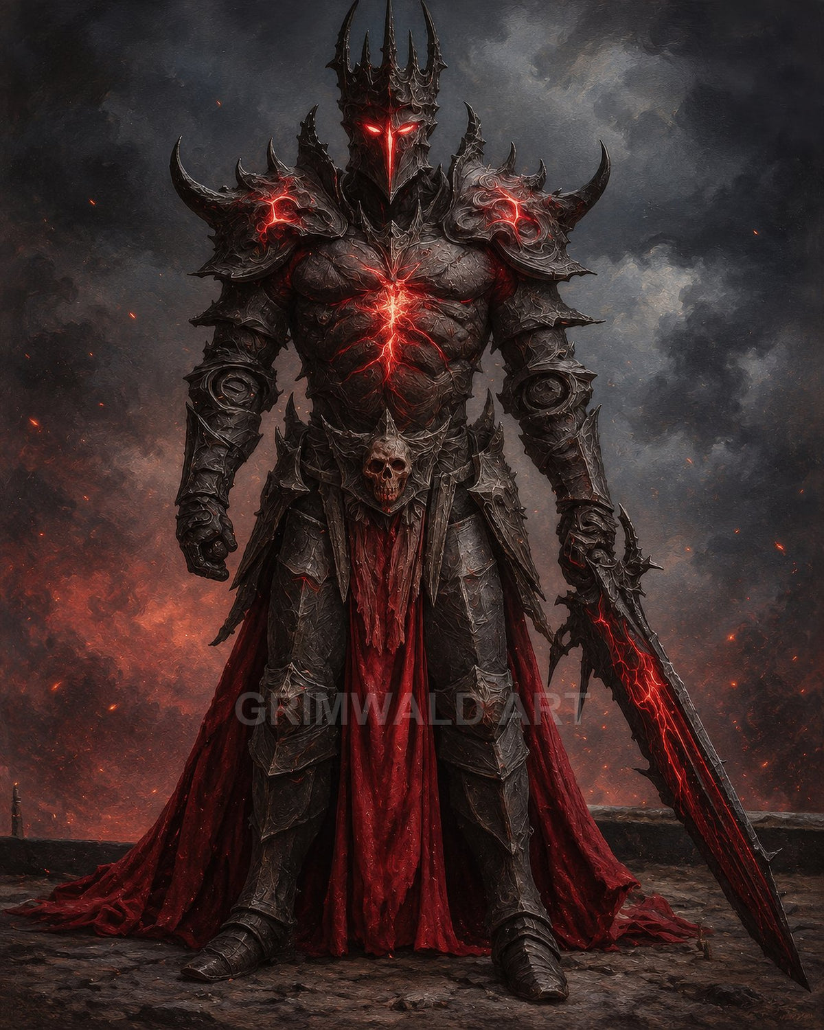 Armoured death knight with spiked crown and glowing red fissures stands in firelit ruins, wielding a jagged greatsword and wearing tattered crimson cape.
