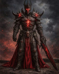 GRID THUMBNAIL — Armoured death knight with spiked crown and glowing red fissures stands in firelit ruins, wielding a jagged greatsword and wearing tattered crimson cape.