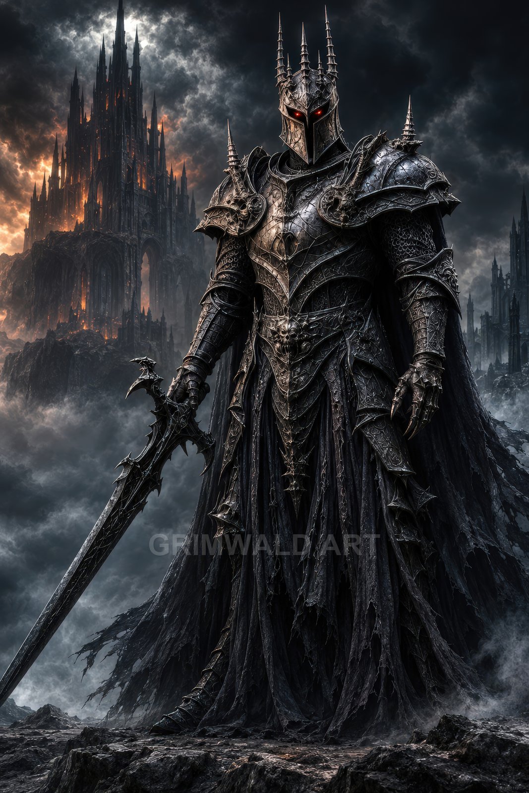 Towering armoured dark knight with spiked crown helmet and glowing red eyes holds a jagged sword before a burning gothic castle under storm clouds.