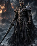 GRID THUMBNAIL — Towering armoured dark knight with spiked crown helmet and glowing red eyes holds a jagged sword before a burning gothic castle under storm clouds.