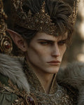 GRID THUMBNAIL — Close-up portrait of a male elf royal wearing an ornate jewelled gold crown and fur-trimmed green mantle, in warm golden light, stern expression.