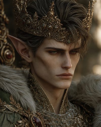 GRID THUMBNAIL — Close-up portrait of a male elf royal wearing an ornate jewelled gold crown and fur-trimmed green mantle, in warm golden light, stern expression.