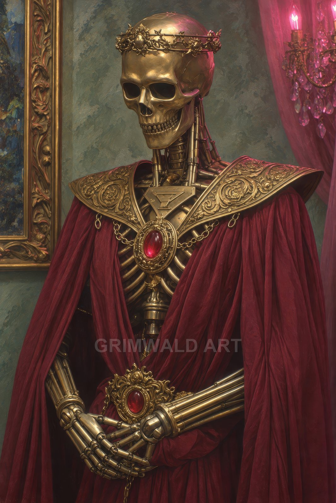 A gilded robotic skeleton wearing an ornate crown and crimson robes, adorned with ruby jewels, posed in a candlelit interior beside a framed painting.