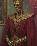 GRID THUMBNAIL — A gilded robotic skeleton wearing an ornate crown and crimson robes, adorned with ruby jewels, posed in a candlelit interior beside a framed painting.