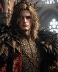 GRID THUMBNAIL — Young male royal wearing a jewelled crown and ornate gold armour with black feathered mantle, standing within a softly lit cathedral interior.