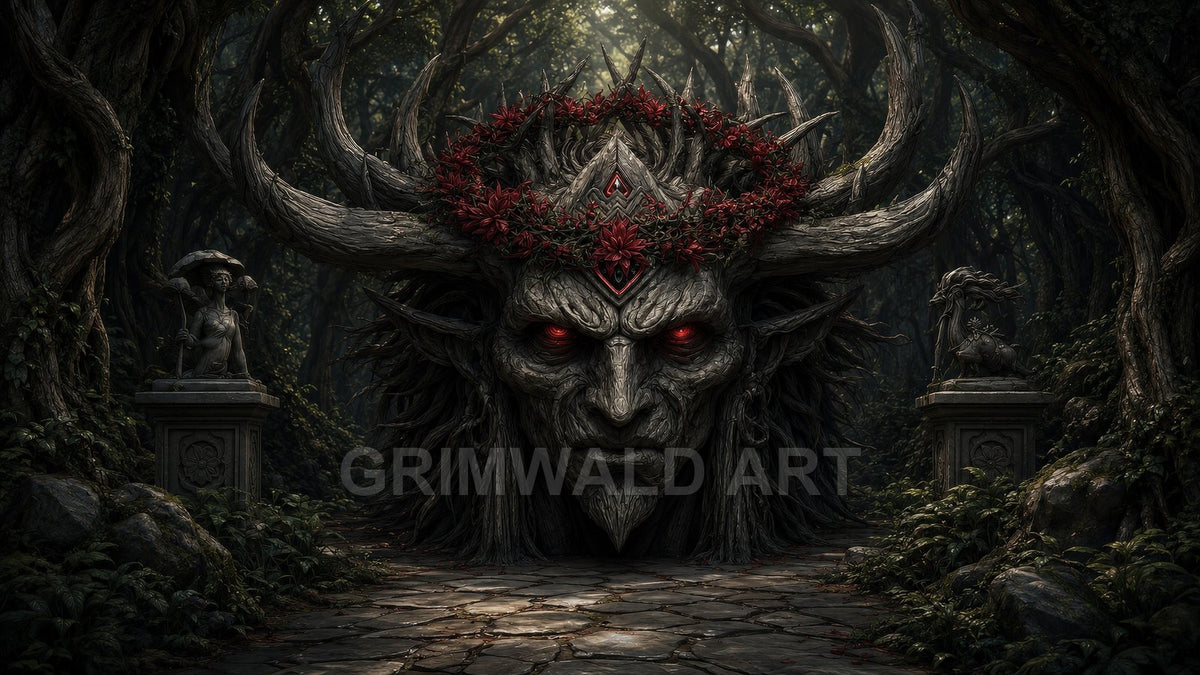 A shadowy forest path ends at a colossal horned face with glowing red eyes, crowned with red flowers and flanked by statues.