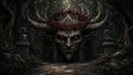 GRID THUMBNAIL — A shadowy forest path ends at a colossal horned face with glowing red eyes, crowned with red flowers and flanked by statues.
