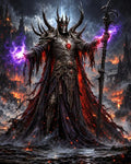 GRID THUMBNAIL — Armoured dark sorcerer with spiked crown channels purple lightning and wields a staff before a burning gothic citadel amid ash and embers.