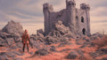 GRID THUMBNAIL — Hooded traveller stands on pink-grassed rocky moor facing a crumbling stone castle ruin beneath a pale daytime sky with scattered clouds.