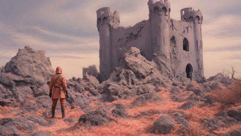 GRID THUMBNAIL — Hooded traveller stands on pink-grassed rocky moor facing a crumbling stone castle ruin beneath a pale daytime sky with scattered clouds.