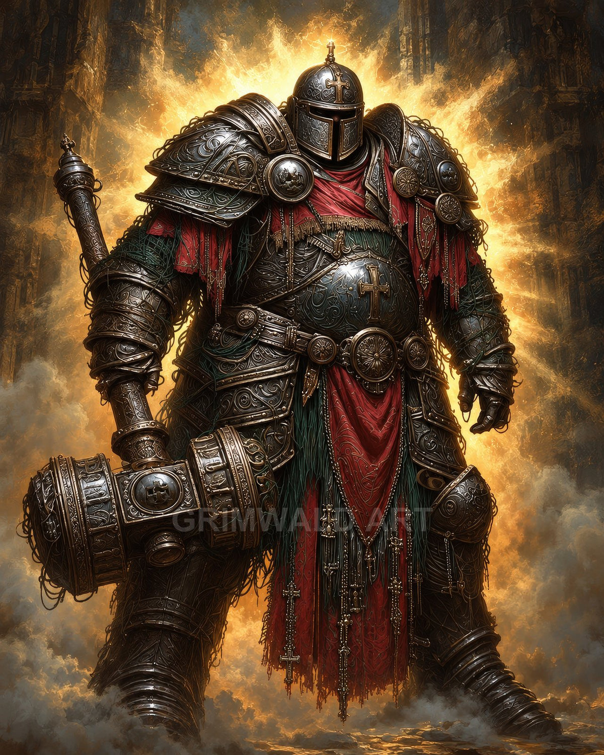 Heavily armoured paladin with ornate engravings and red tabard stands amid cathedral ruins, gripping a massive warhammer before a blazing golden halo.