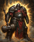 GRID THUMBNAIL — Heavily armoured paladin with ornate engravings and red tabard stands amid cathedral ruins, gripping a massive warhammer before a blazing golden halo.