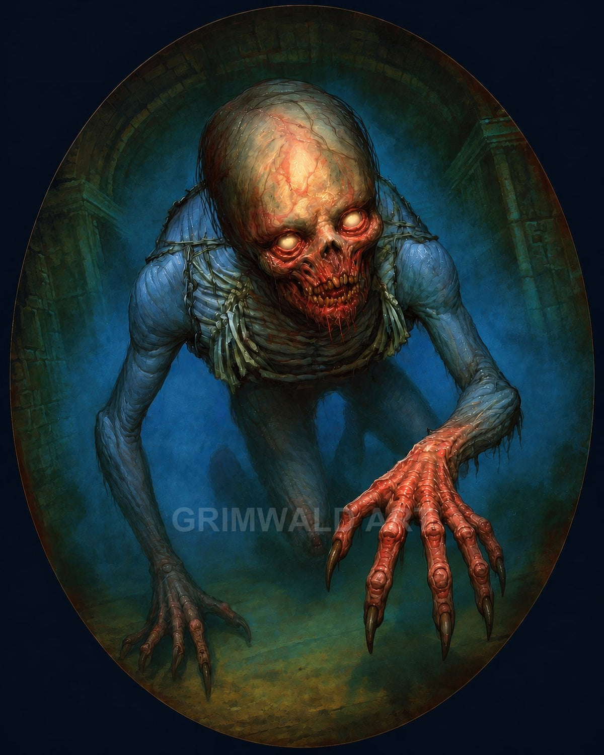 Grotesque undead ghoul crawls through a stone crypt archway, glowing eyes and flayed red claws reaching forward amid cold blue shadowed light.