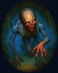 GRID THUMBNAIL — Grotesque undead ghoul crawls through a stone crypt archway, glowing eyes and flayed red claws reaching forward amid cold blue shadowed light.
