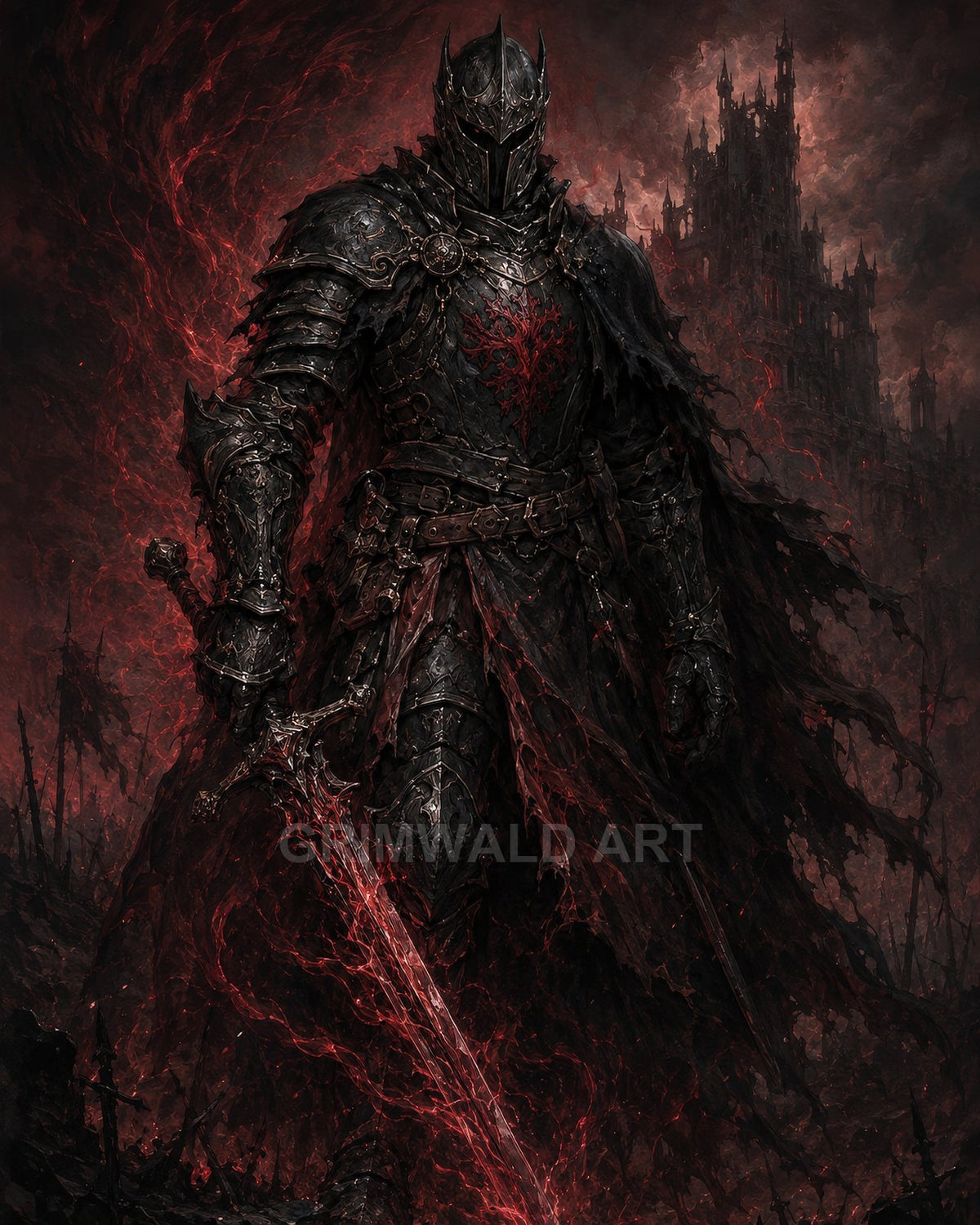 Armoured dark knight with spiked helm holds a red energy sword before a looming gothic castle, surrounded by swirling smoke and embers at night.