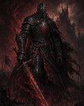 GRID THUMBNAIL — Armoured dark knight with spiked helm holds a red energy sword before a looming gothic castle, surrounded by swirling smoke and embers at night.
