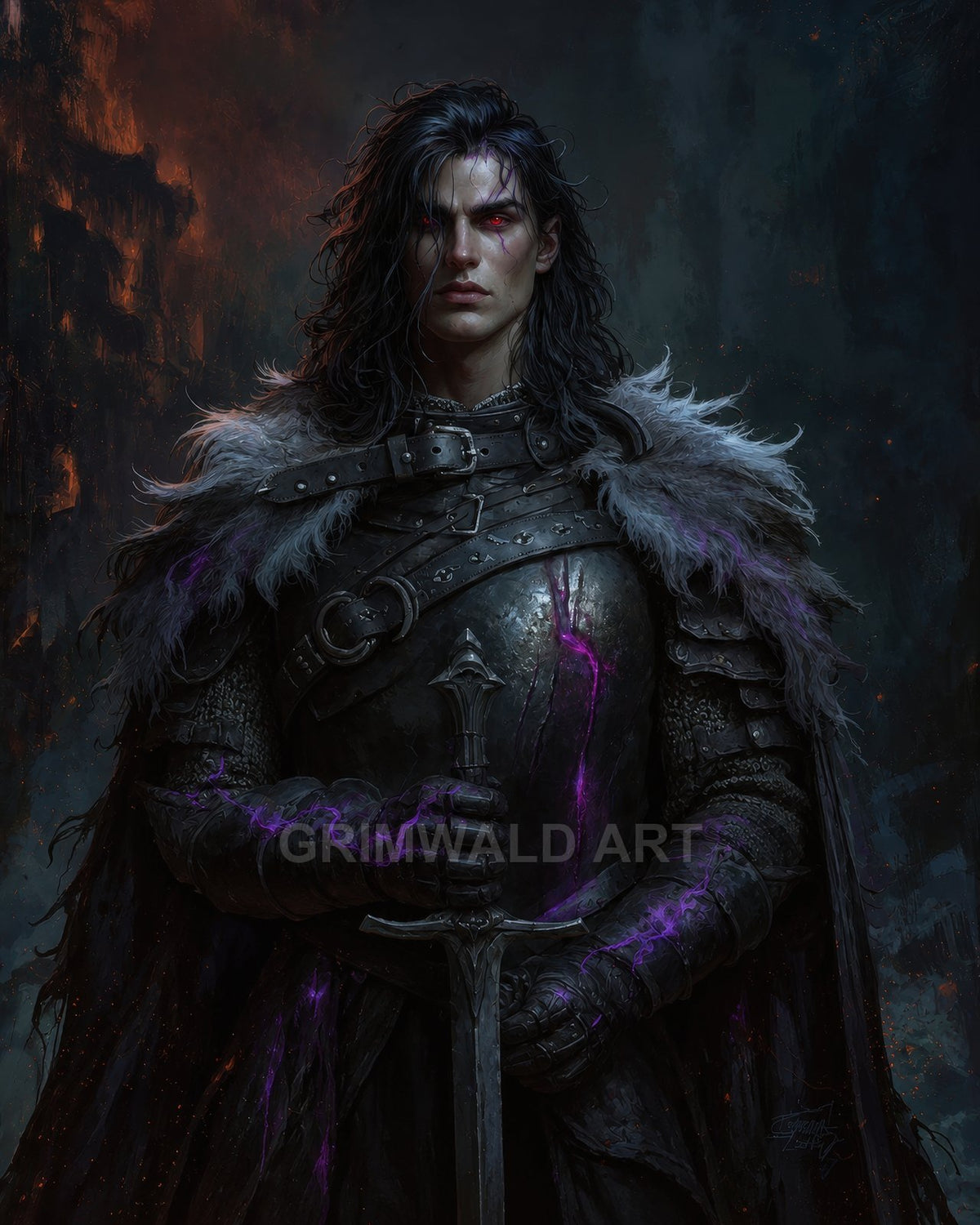 Dark-haired, red-eyed knight in black fur-trimmed armour grips a longsword, purple energy cracking across gauntlets, before firelit ruins and smoky gloom.