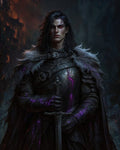 GRID THUMBNAIL — Dark-haired, red-eyed knight in black fur-trimmed armour grips a longsword, purple energy cracking across gauntlets, before firelit ruins and smoky gloom.