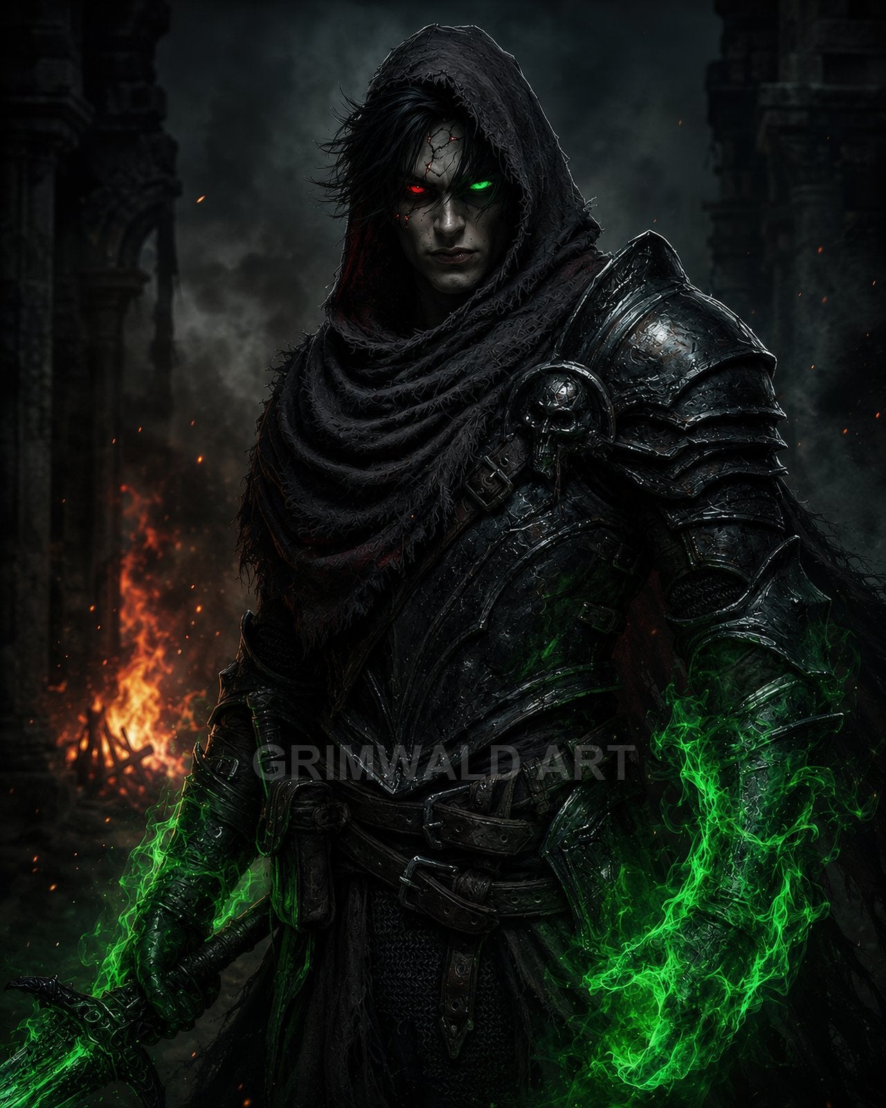 Armoured, hooded undead knight with glowing red and green eyes, wielding a sword as green flames coil around his hand, amid ruined, firelit stone.