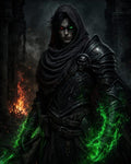 GRID THUMBNAIL — Armoured, hooded undead knight with glowing red and green eyes, wielding a sword as green flames coil around his hand, amid ruined, firelit stone.