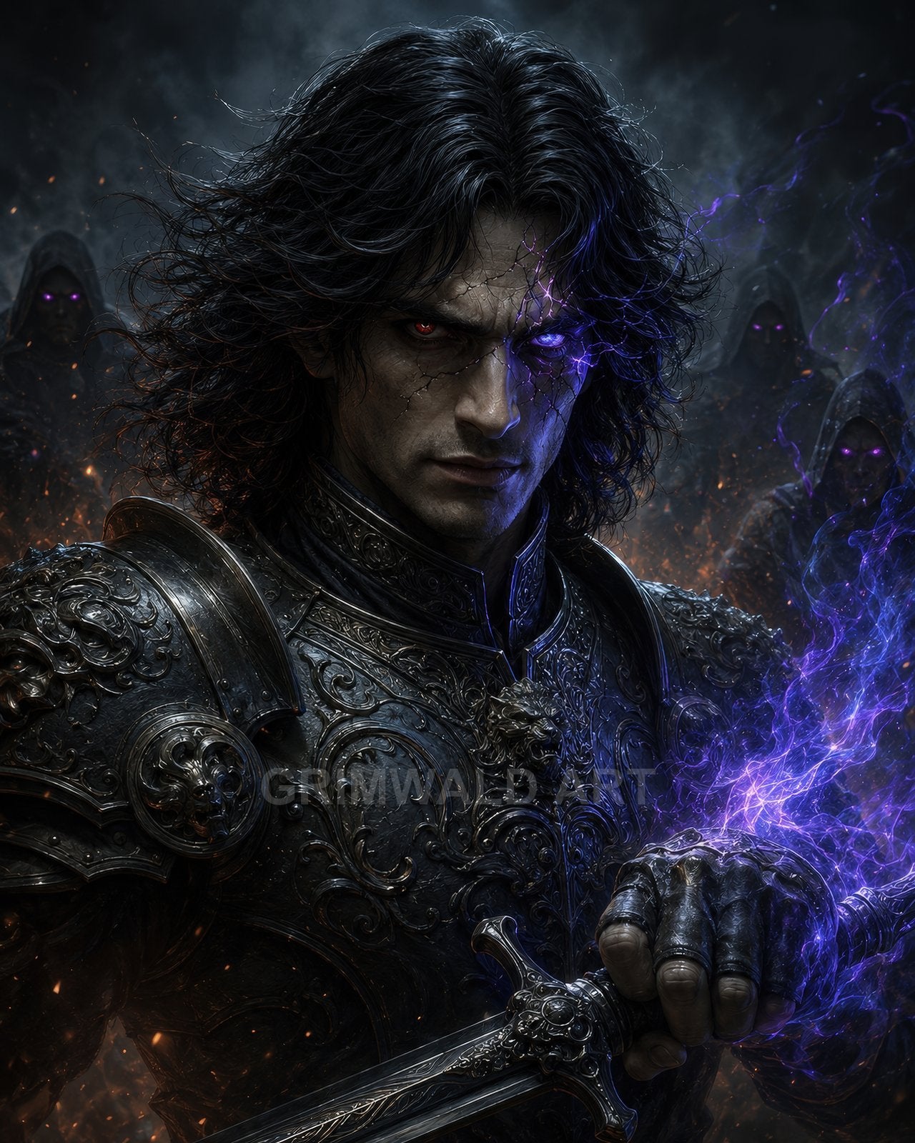 Dark-haired armoured knight with glowing red eyes grips a sword wreathed in purple magic, hooded cultists lurking behind amid smoke and embers.