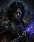 GRID THUMBNAIL — Dark-haired armoured knight with glowing red eyes grips a sword wreathed in purple magic, hooded cultists lurking behind amid smoke and embers.