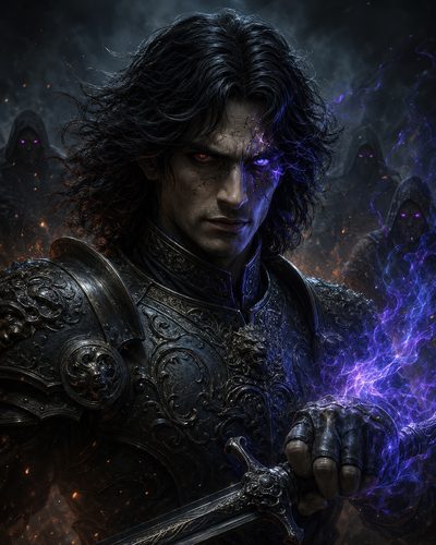 GRID THUMBNAIL — Dark-haired armoured knight with glowing red eyes grips a sword wreathed in purple magic, hooded cultists lurking behind amid smoke and embers.