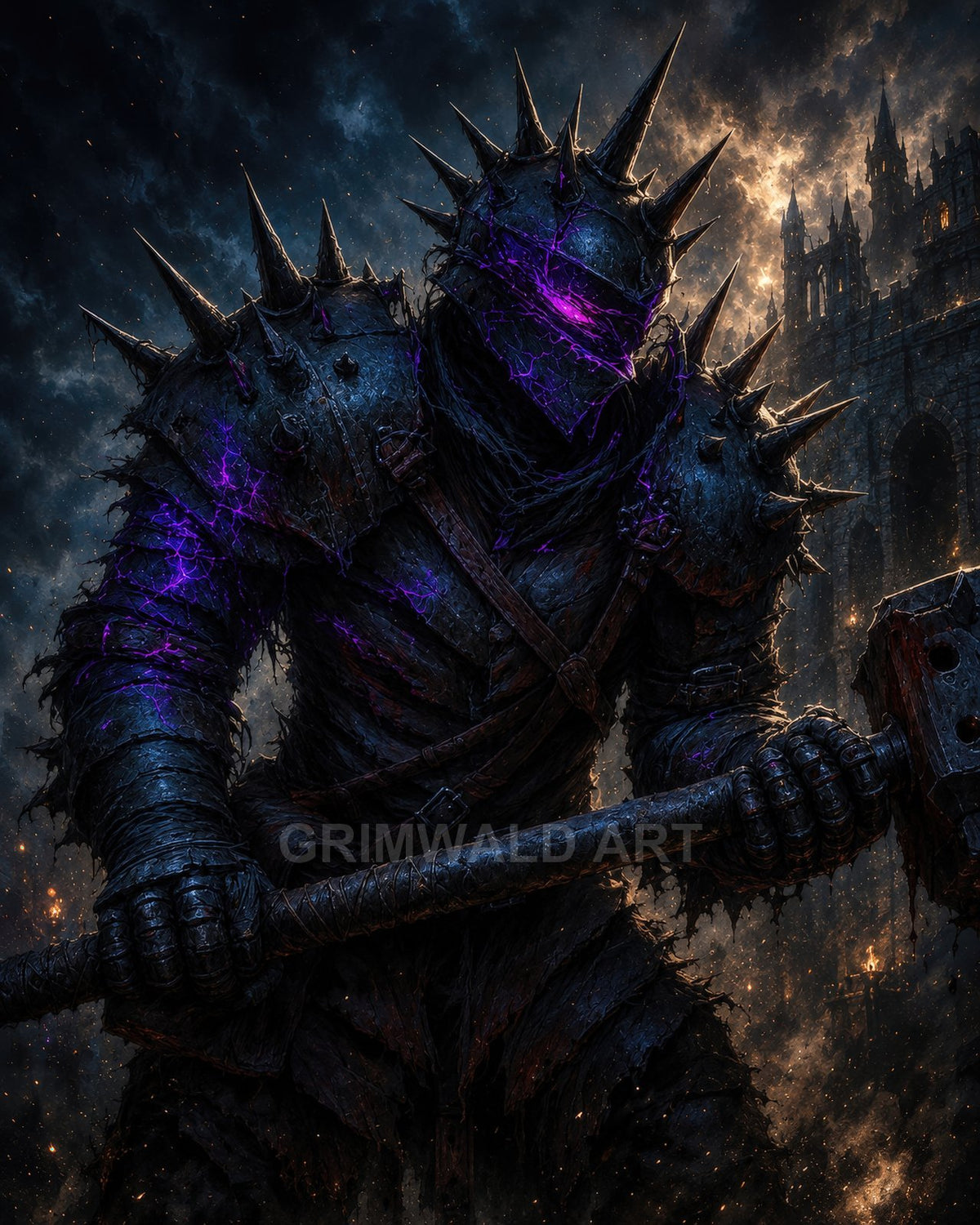 A towering spiked-armour death knight wields a massive warhammer, purple energy glowing through cracks, before a gothic castle at night.