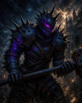 GRID THUMBNAIL — A towering spiked-armour death knight wields a massive warhammer, purple energy glowing through cracks, before a gothic castle at night.