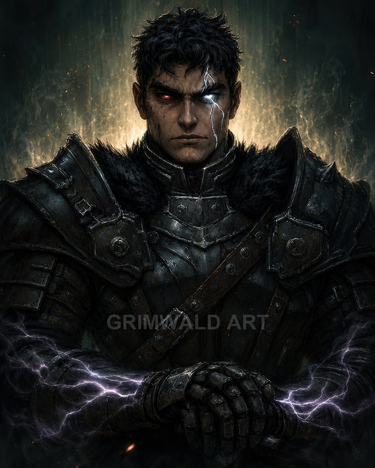 Dark-armoured male knight with glowing red and white eyes, cracked luminous scar, and purple lightning arcing around gauntleted hands against a shadowy backdrop.