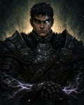 GRID THUMBNAIL — Dark-armoured male knight with glowing red and white eyes, cracked luminous scar, and purple lightning arcing around gauntleted hands against a shadowy backdrop.