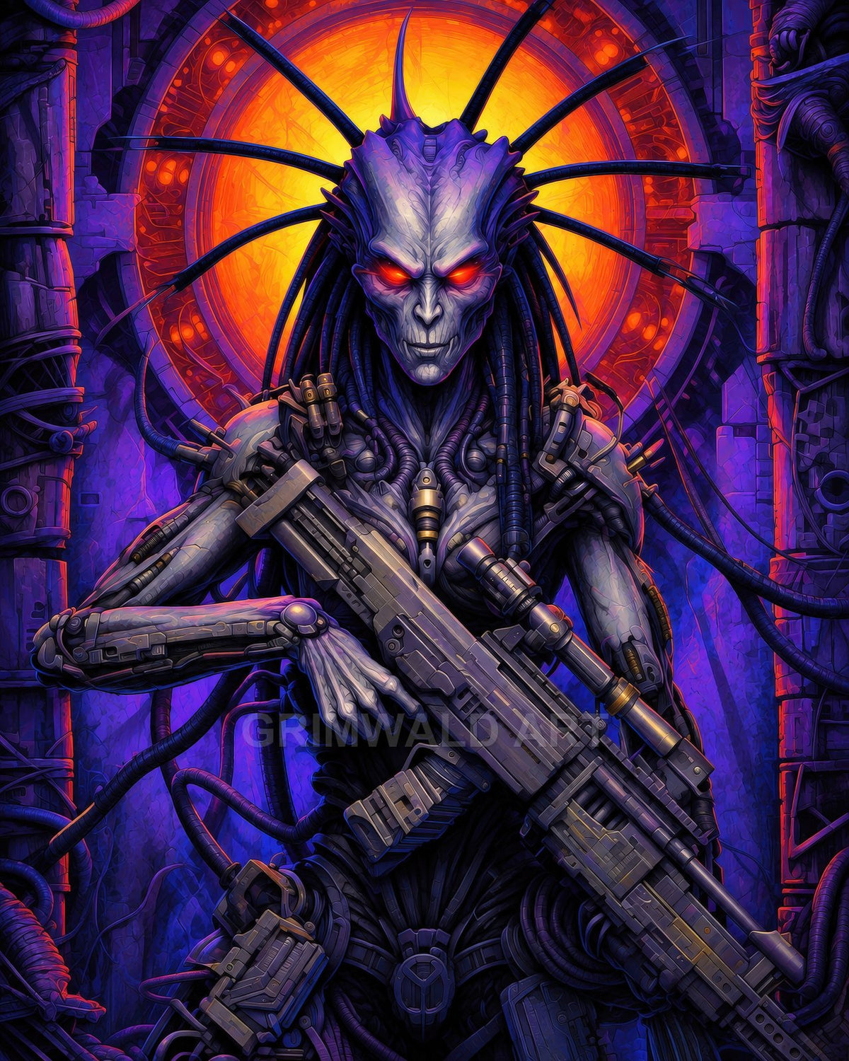 Armoured alien cyborg with glowing red eyes holds a massive futuristic rifle, surrounded by cables and machinery before an orange circular light.