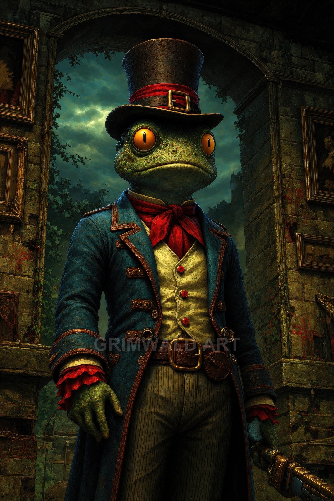 Anthropomorphic frog gentleman in a blue Victorian coat and top hat, holding an ornate steampunk firearm inside a crumbling, ivy-clad manor at twilight.