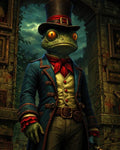 GRID THUMBNAIL — Anthropomorphic frog gentleman in a blue Victorian coat and top hat, holding an ornate steampunk firearm inside a crumbling, ivy-clad manor at twilight.