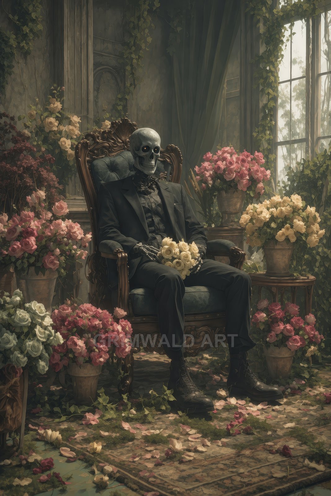 A skeletal figure in a black suit sits on an ornate armchair holding pale roses, surrounded by abundant blooms in an overgrown, ivy-draped conservatory.