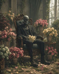 GRID THUMBNAIL — A skeletal figure in a black suit sits on an ornate armchair holding pale roses, surrounded by abundant blooms in an overgrown, ivy-draped conservatory.