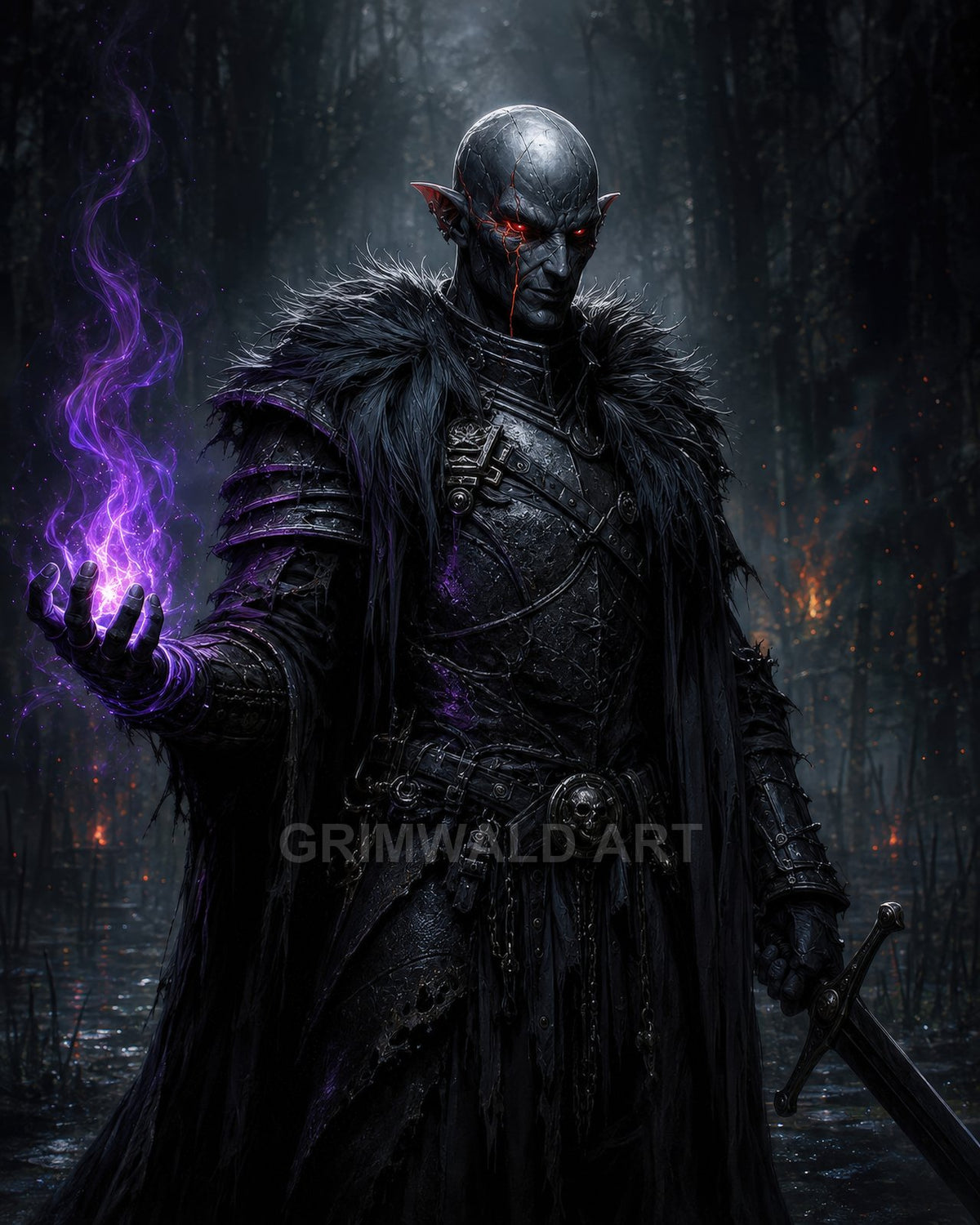 Armoured dark elf warlock in a swampy night forest, purple magic swirling in his hand, glowing red eyes, sword at his side.