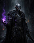 GRID THUMBNAIL — Armoured dark elf warlock in a swampy night forest, purple magic swirling in his hand, glowing red eyes, sword at his side.