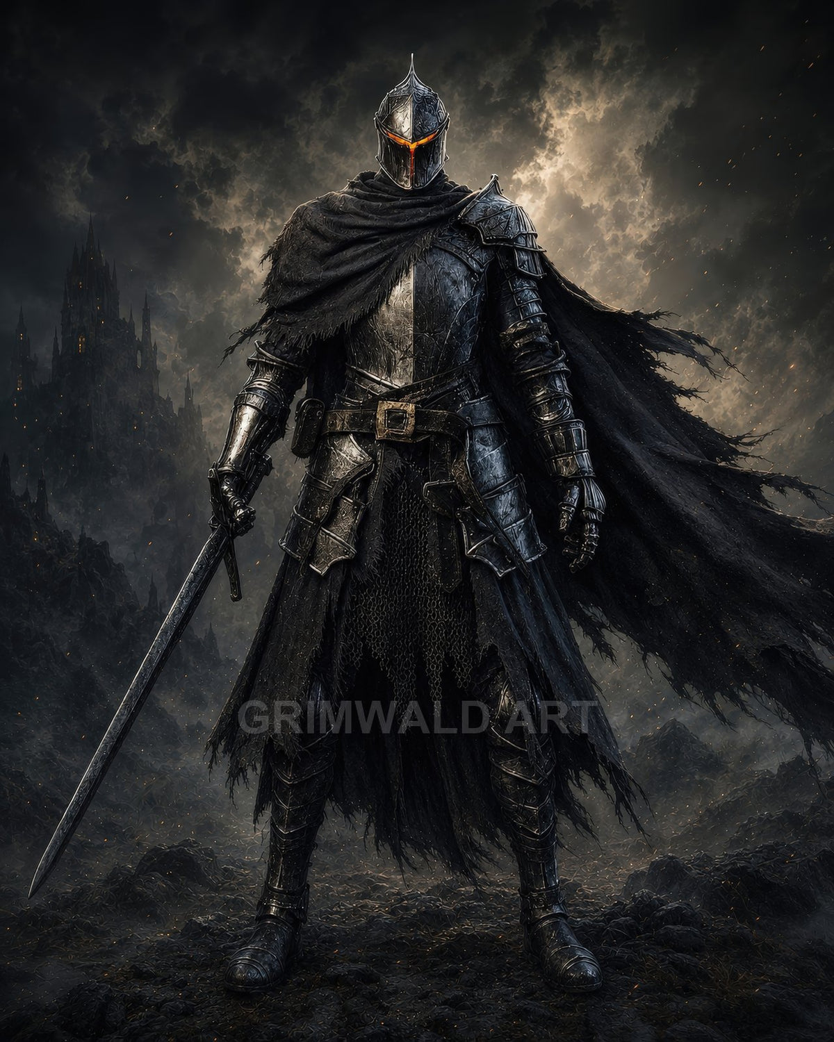 Armoured dark knight with tattered black cloak holding a longsword, standing before a distant gothic castle under stormy, ember-flecked clouds.